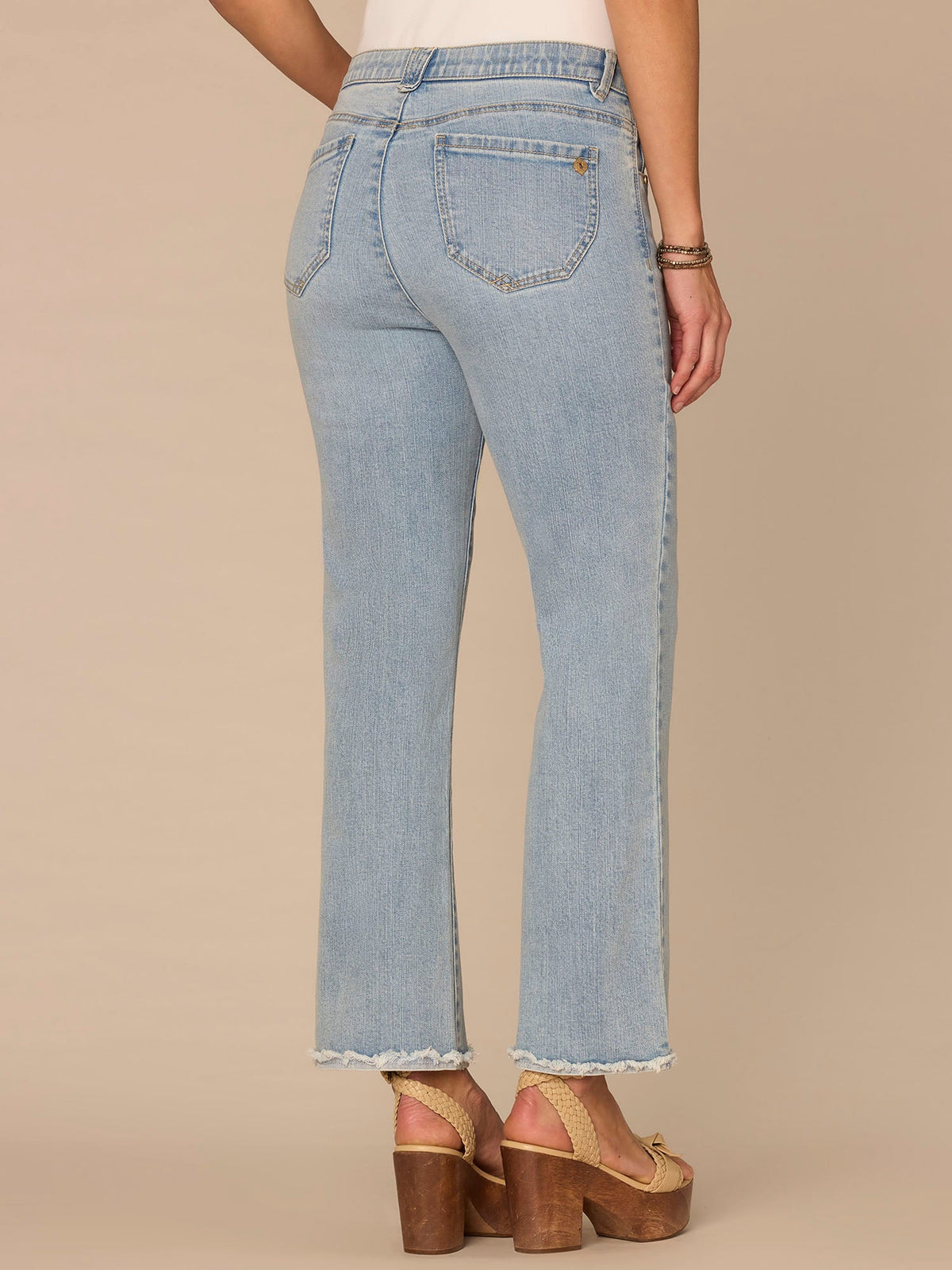 "Ab"solution® High Rise Fray Scallop Hem Petite Itty Bitty Flare Jeans - Light Blue Vintage Denim