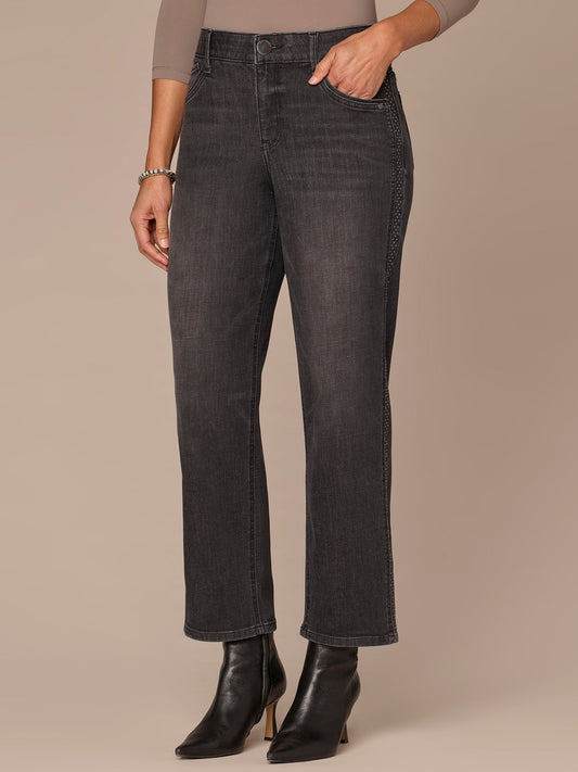 "Ab"solutionĀ® High Rise Side Seam Ankle Straight Jean with Rhinestones - Washed Black Denim