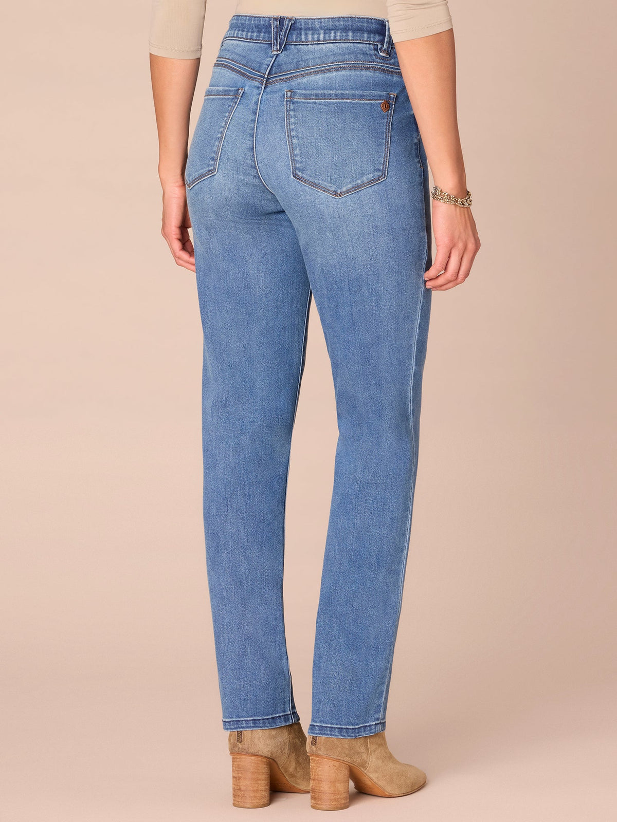 "Ab"solution® High Rise Petite Straight Leg Jeans in Mid Blue - Mid Blue Denim
