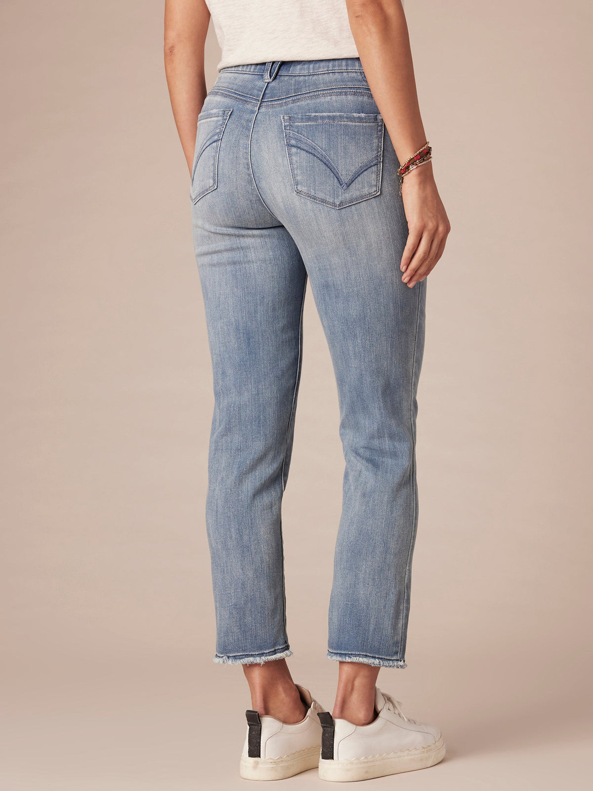 "Ab"solution Petite Slim Straight Jean with Embroidered Cascading "D" - Mid Blue Denim