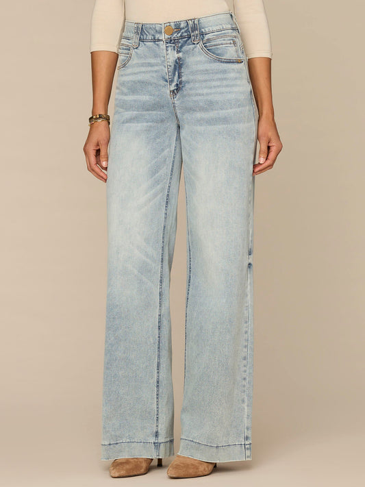 "Ab"solution High Rise Slightly Faded Wide Leg Petite Jeans - Light Blue Denim