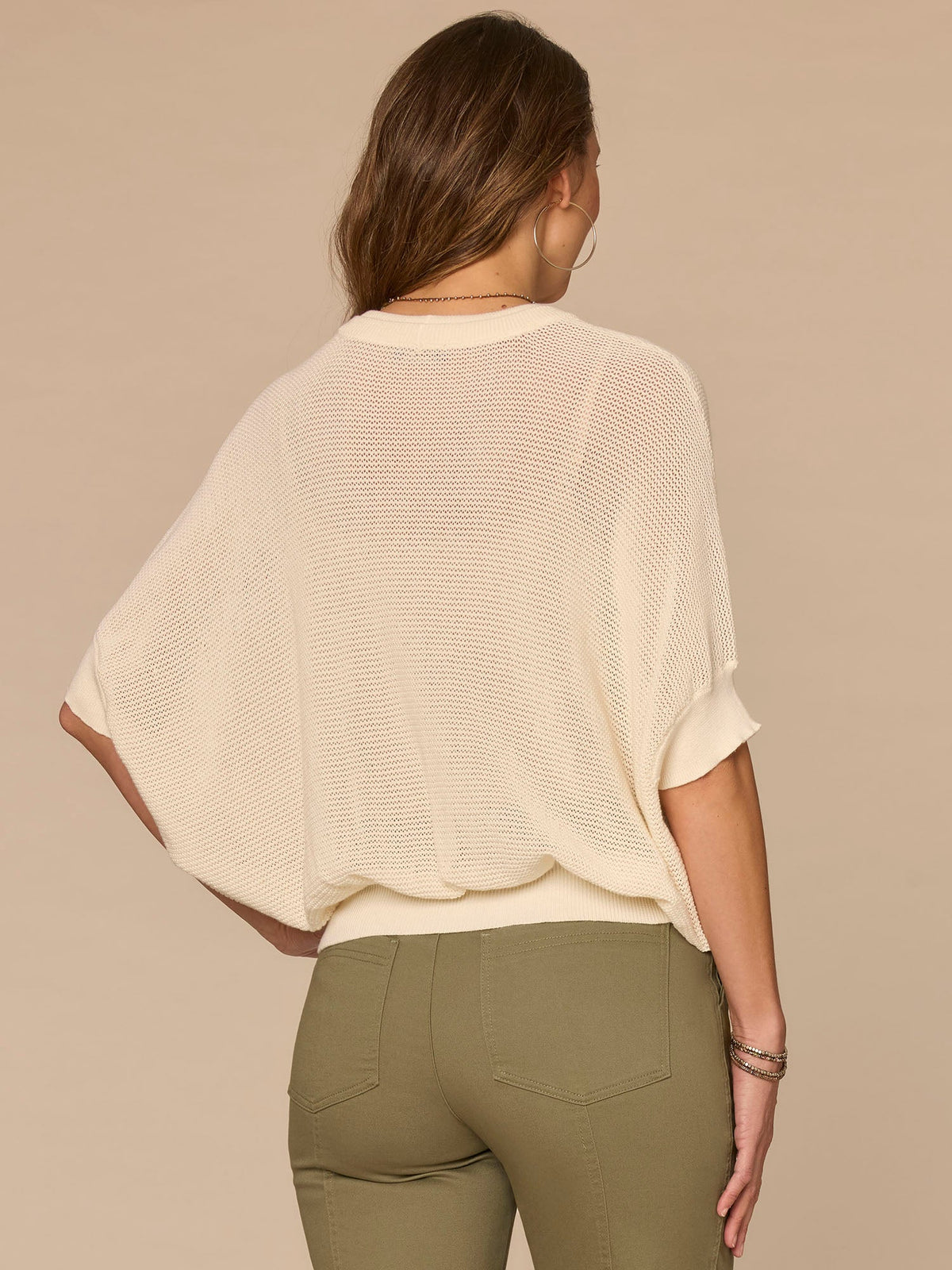 Short Dolman Sleeve Round Neck Palm Tree Embroidered Sweater - Lily Pad|Ecru