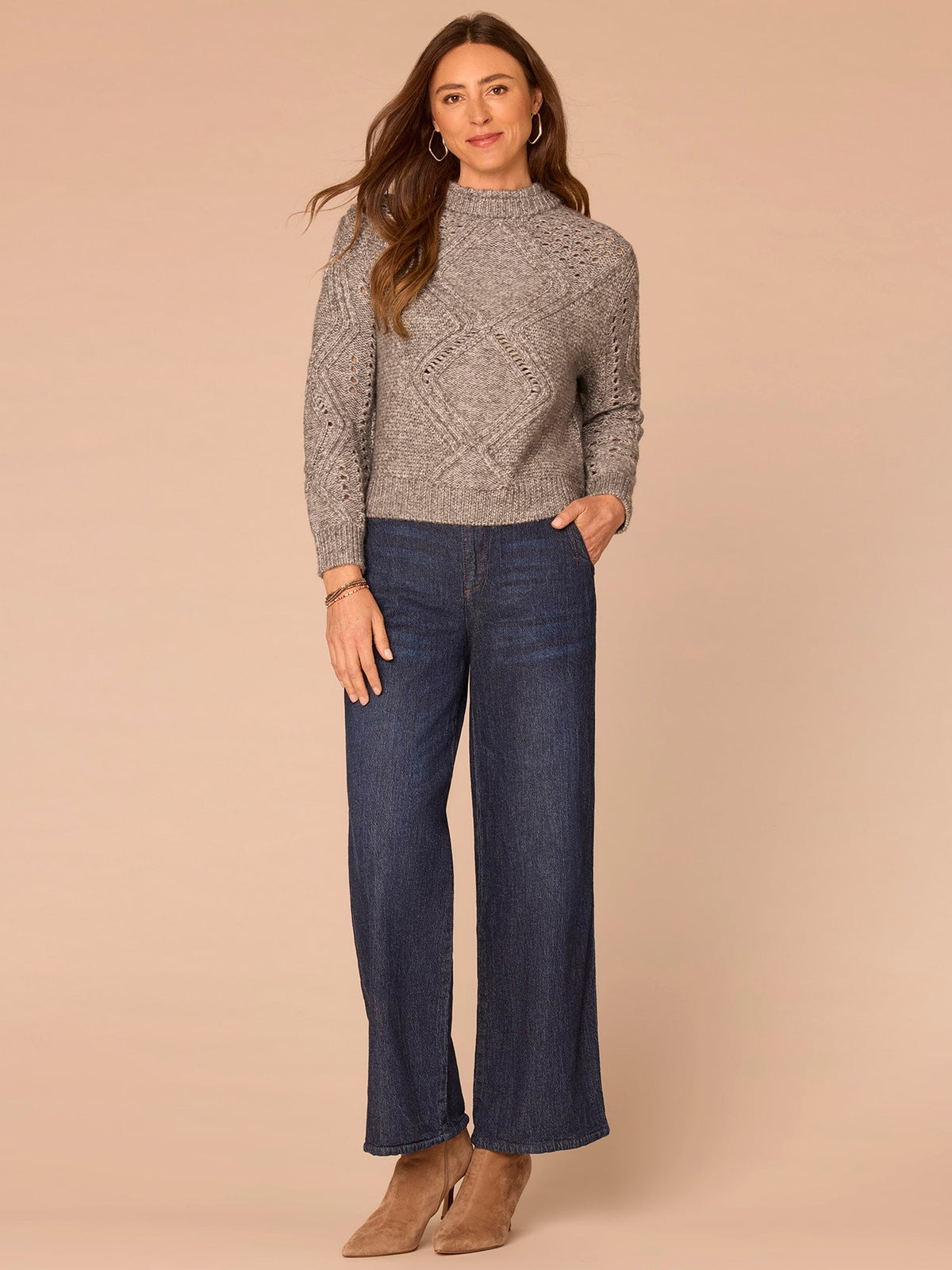 Long Sleeve Double Layer Round Neck Cable Stitch Mix Sweater - Cream|Heather Grey|Navy