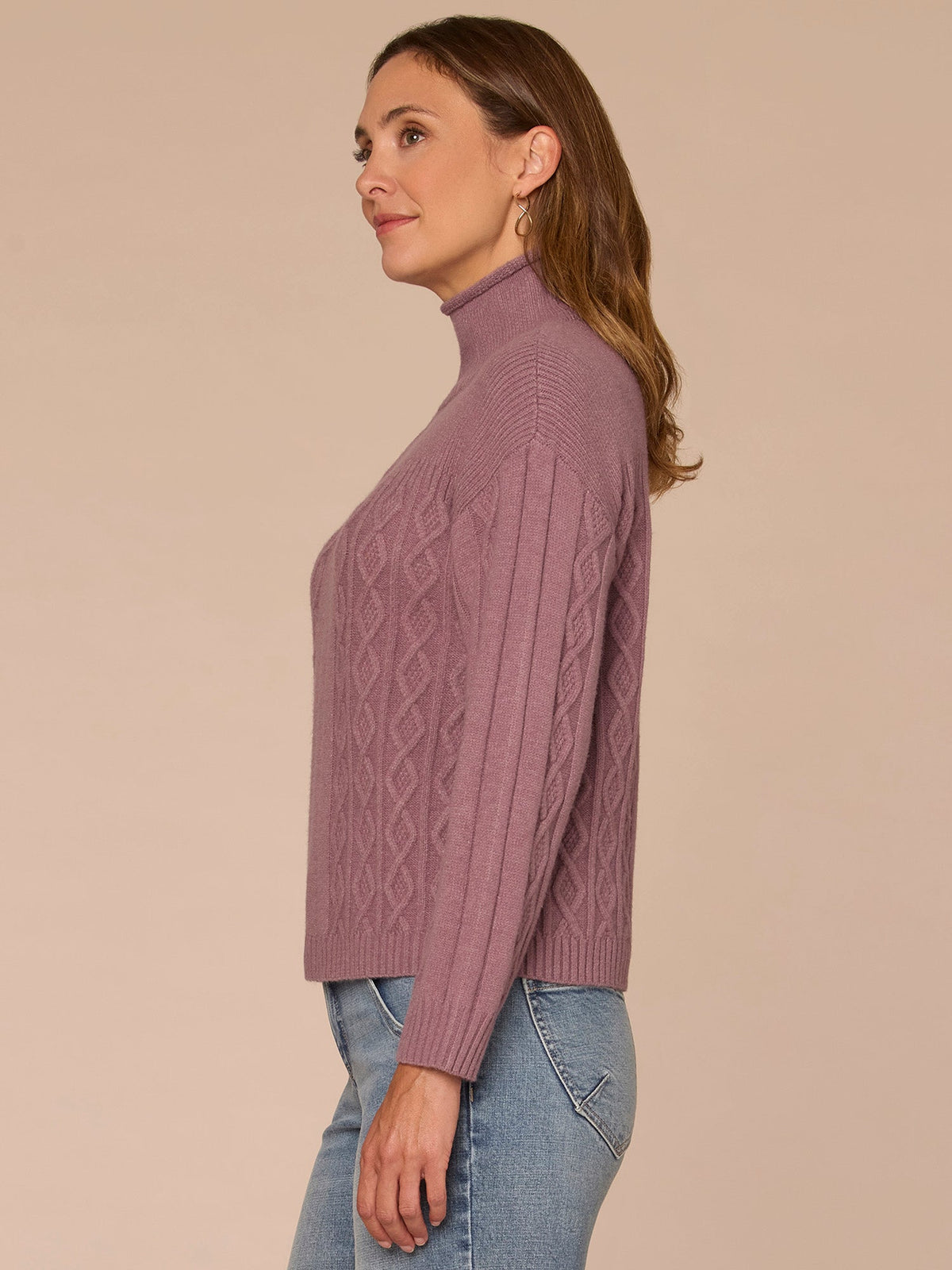 Long Sleeve Mock Neck Patchwork Cable Stitch Petite Sweater - Blanched Almond|Mystic Mauve|Mauve Shadows