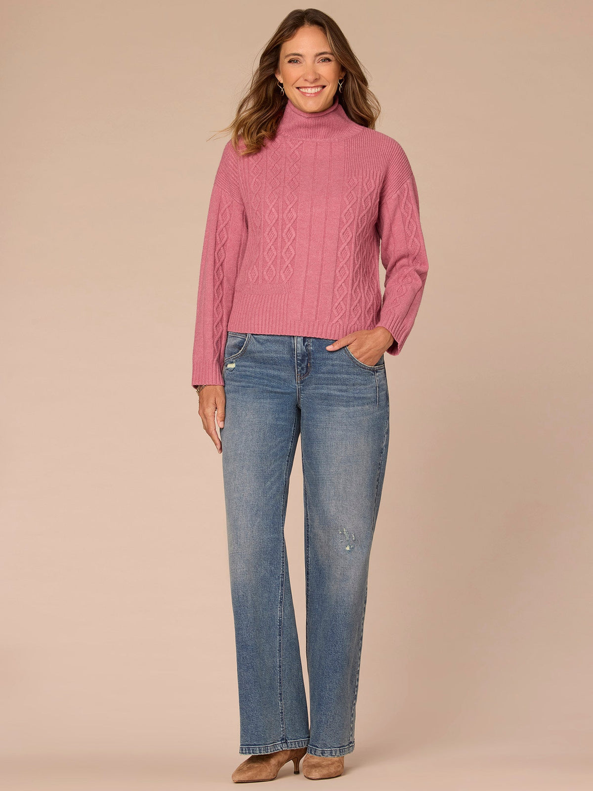 Long Sleeve Mock Neck Patchwork Cable Stitch Sweater - Mauve Shadows|Blanched Almond|Mystic Mauve