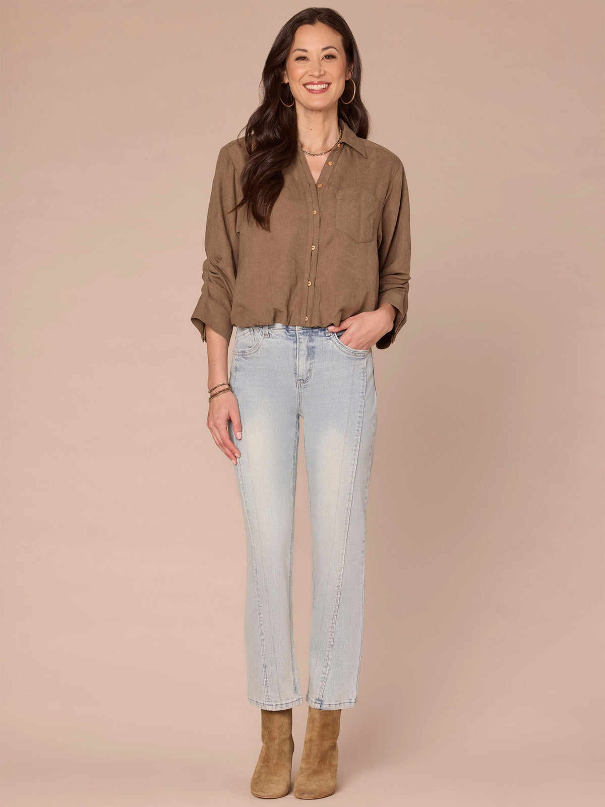 Three Quarter Sleeve Collared V-Neck Button Down Petite Woven Shirt - Orion Blue|Vanilla|Dark Moonrock