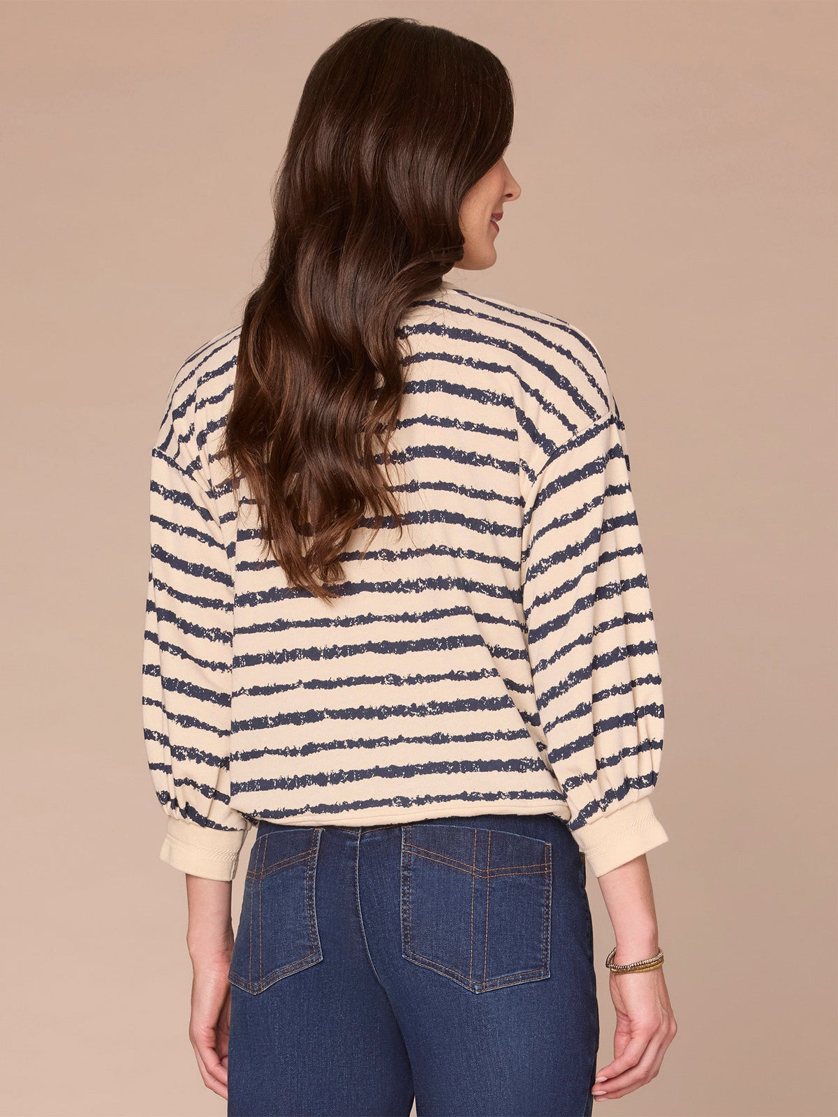 Three Quarter Blouson Sleeve V-Neck Tie Hem Petite Knit Top - Birch Burnt Henna|Natural Ocean Teal