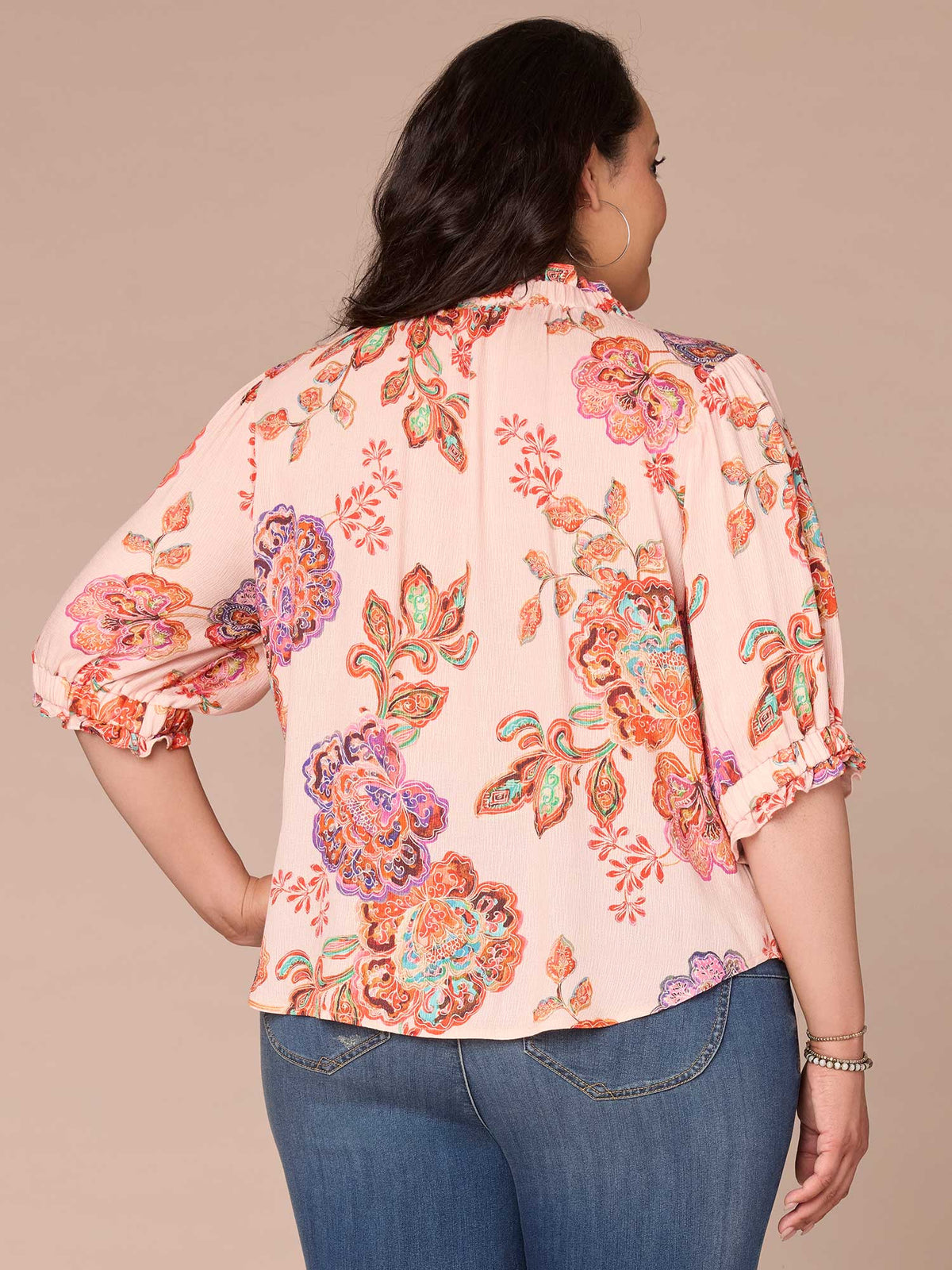 Elbow Length Ruffle Edge Neck Button Down Printed Plus Size Woven Top - Chartreuse Multi|Rose Pearl Multi