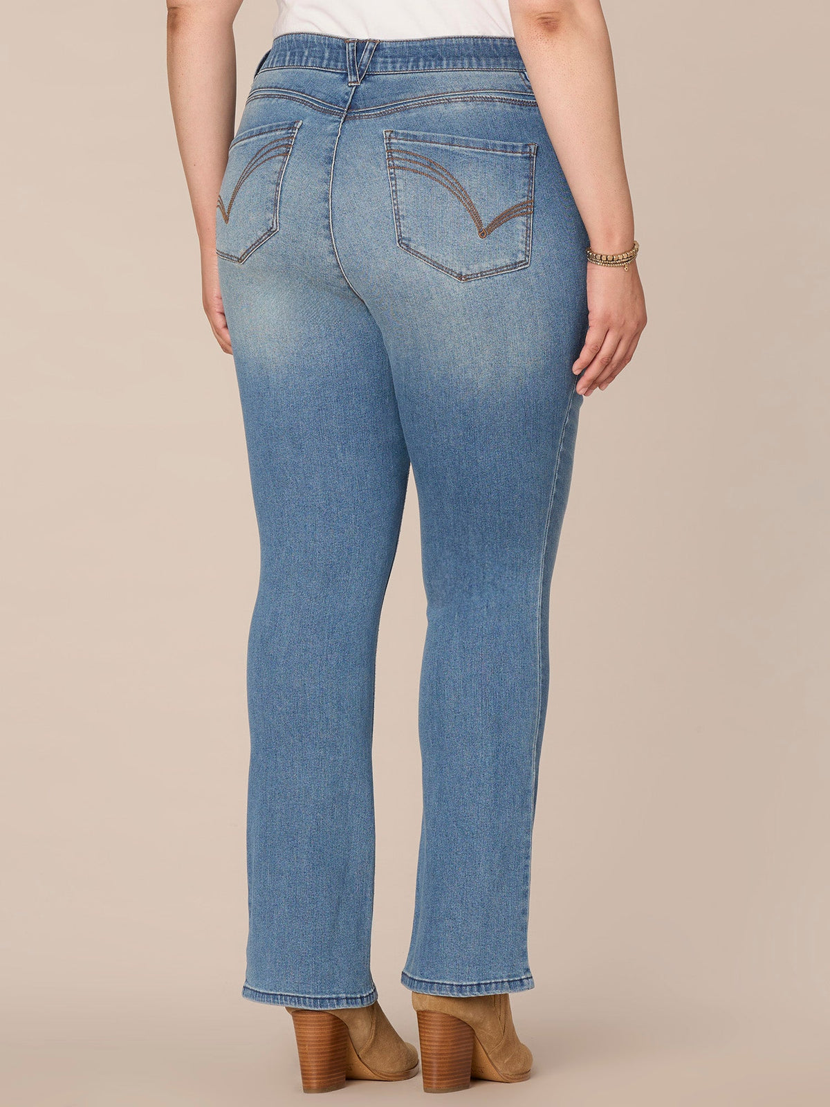 "Ab"solution High Rise Cascading D Itty Bitty Boot Plus Size Jeans - Mid Blue Denim