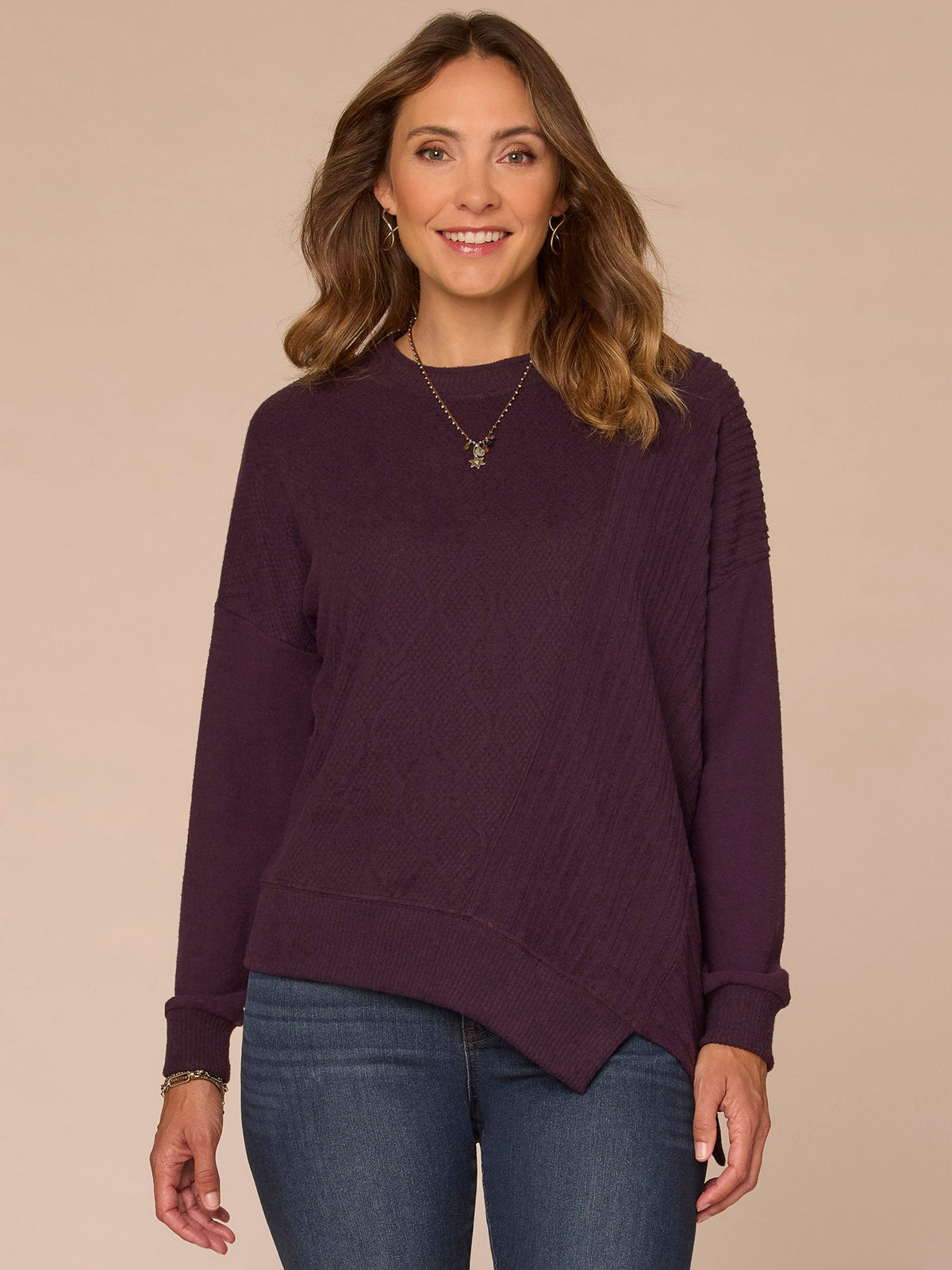 Long Sleeve Crew Neck Asymmetrical Hem Mixed Media Petite Knit Top - Heather Concord Grape|Heather Cream|Heather Saddle