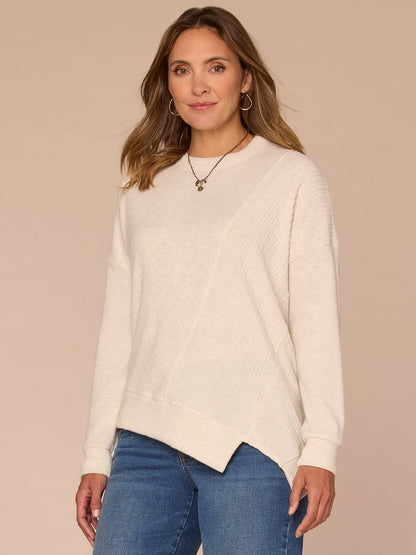 Long Sleeve Crew Neck Asymmetrical Hem Mixed Media Petite Knit Top - Heather Concord Grape|Heather Cream|Heather Saddle
