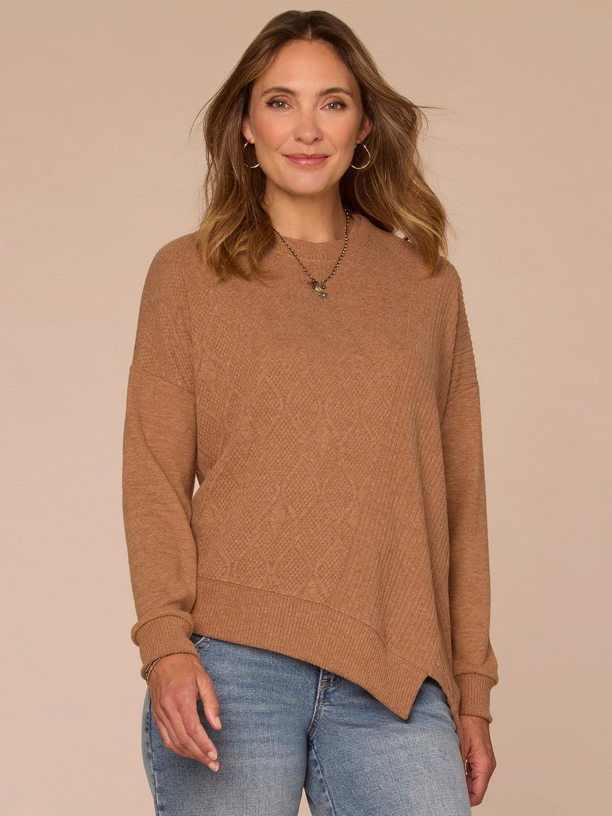Long Sleeve Crew Neck Asymmetrical Hem Mixed Media Petite Knit Top - Heather Concord Grape|Heather Cream|Heather Saddle