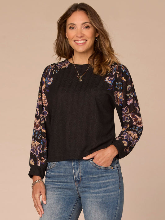 Long Dolman Sleeve Crew Neck Floral Placement Print Knit Top - Black