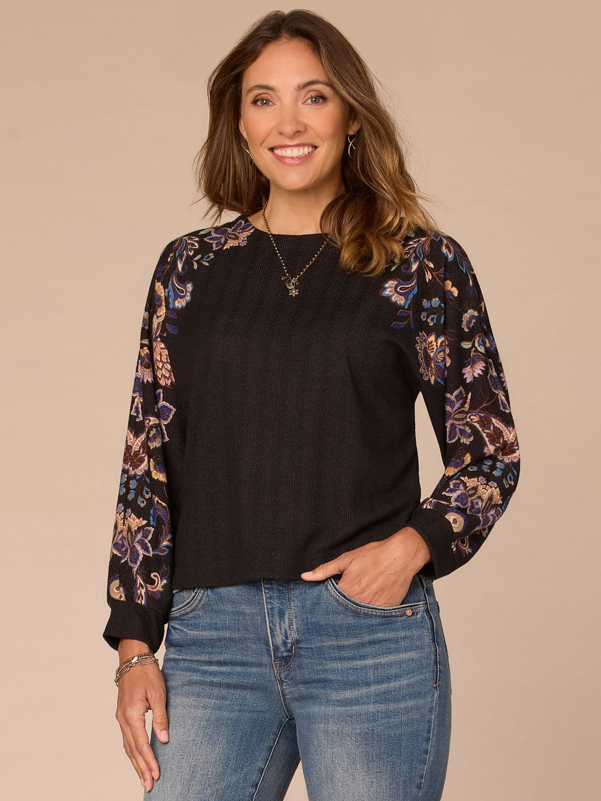 Long Dolman Sleeve Crew Neck Floral Placement Print Petite Knit Top - Black