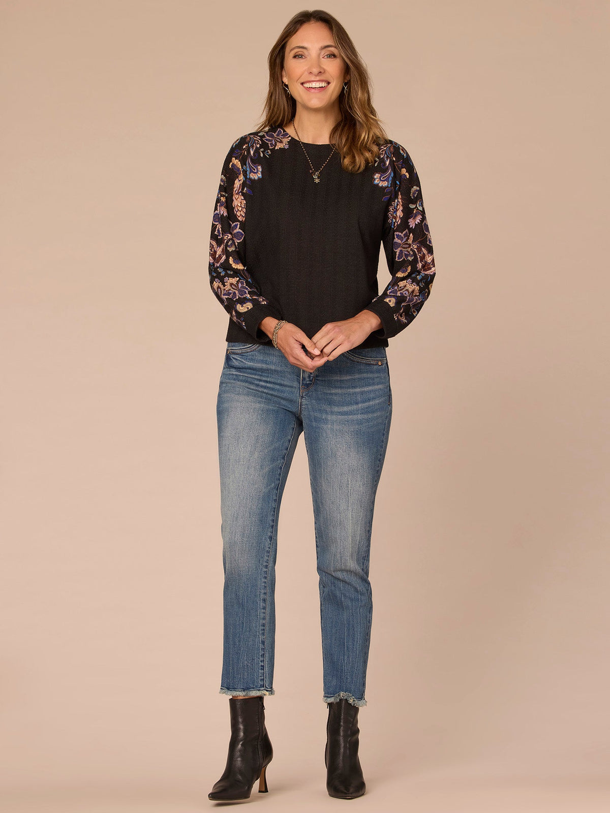 Long Dolman Sleeve Crew Neck Floral Placement Print Petite Knit Top - Black