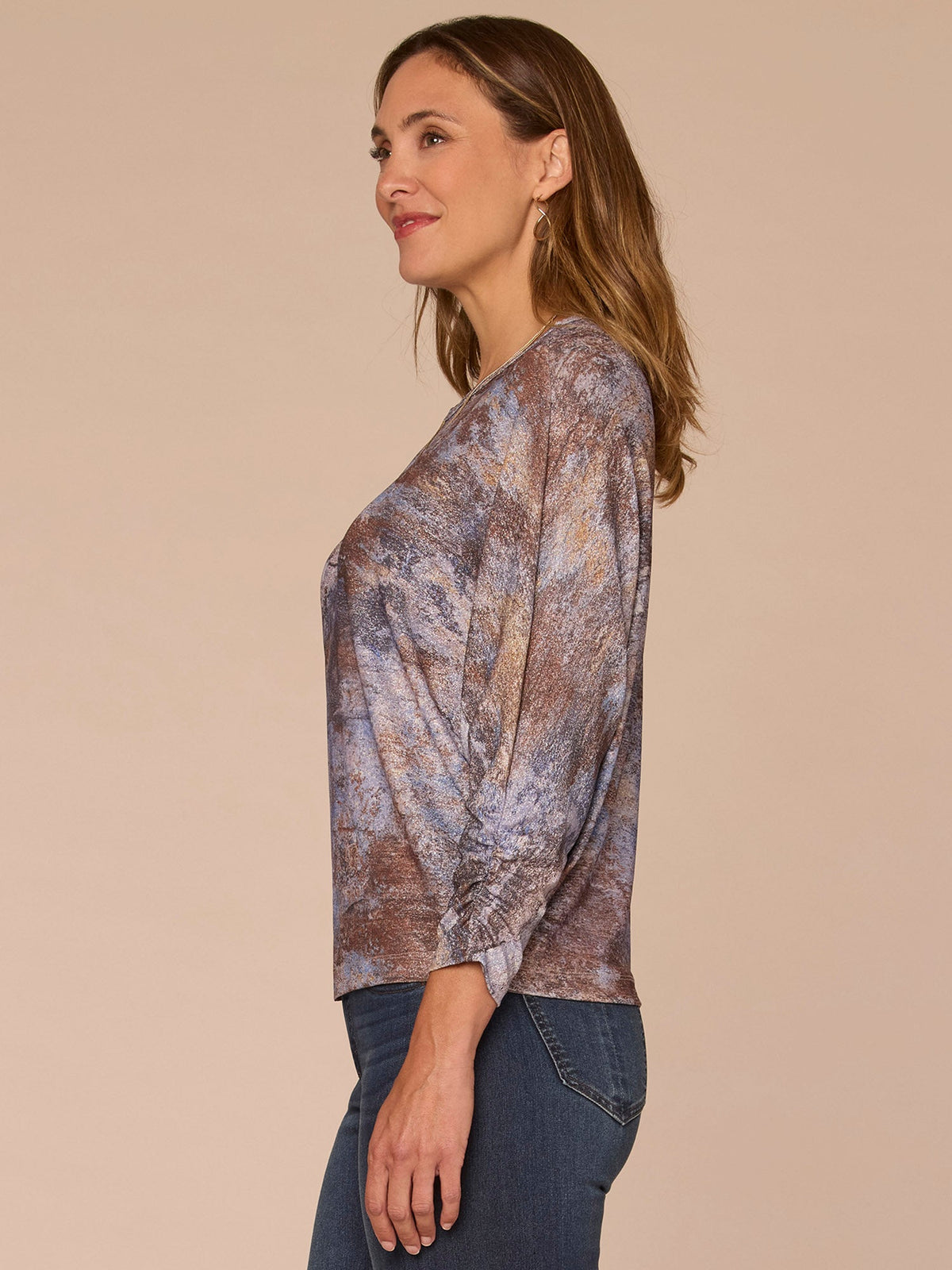 Three Quarter Dolman Sleeve Scallop Scoop Neck Printed Petite Knit Top - Lavender Grey Multi