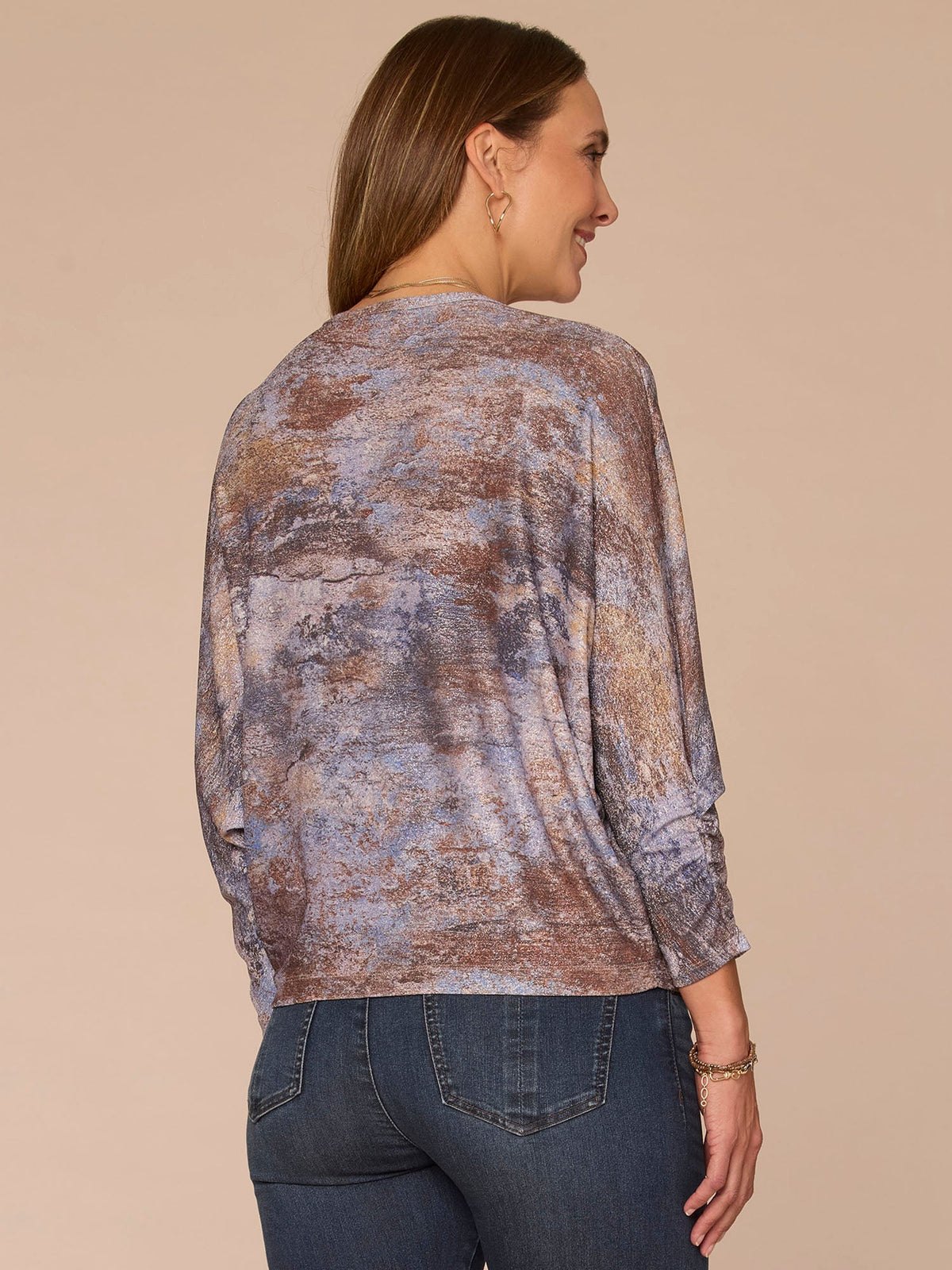 Three Quarter Dolman Sleeve Scallop Scoop Neck Printed Petite Knit Top - Lavender Grey Multi