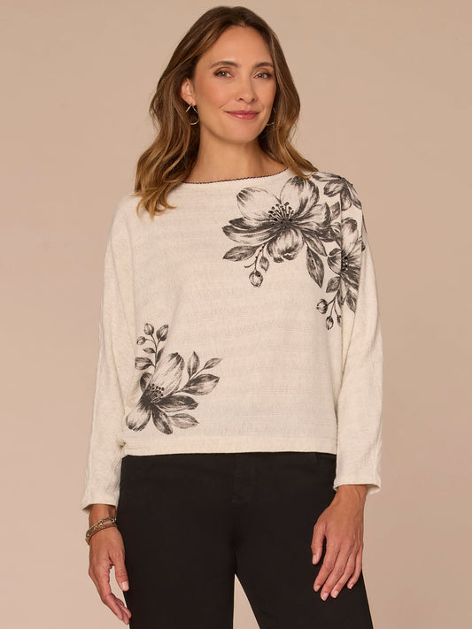 Long Dolman Sleeve Boat Neck Floral Placement Print Knit Top - Heather Cream Black|Heather Umber Cold Brew