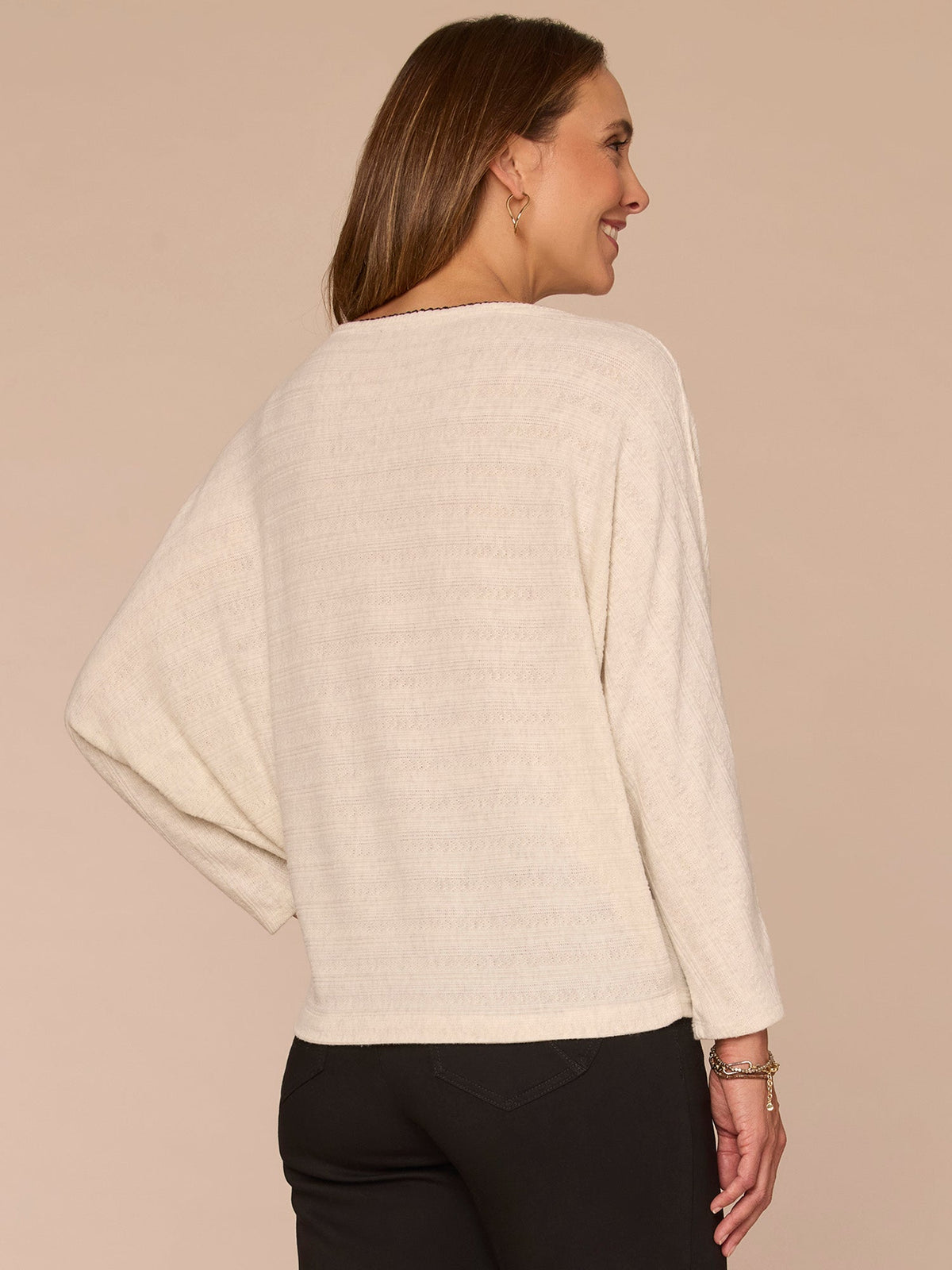 Long Dolman Sleeve Boat Neck Floral Placement Print Petite Knit Top - Heather Cream Black