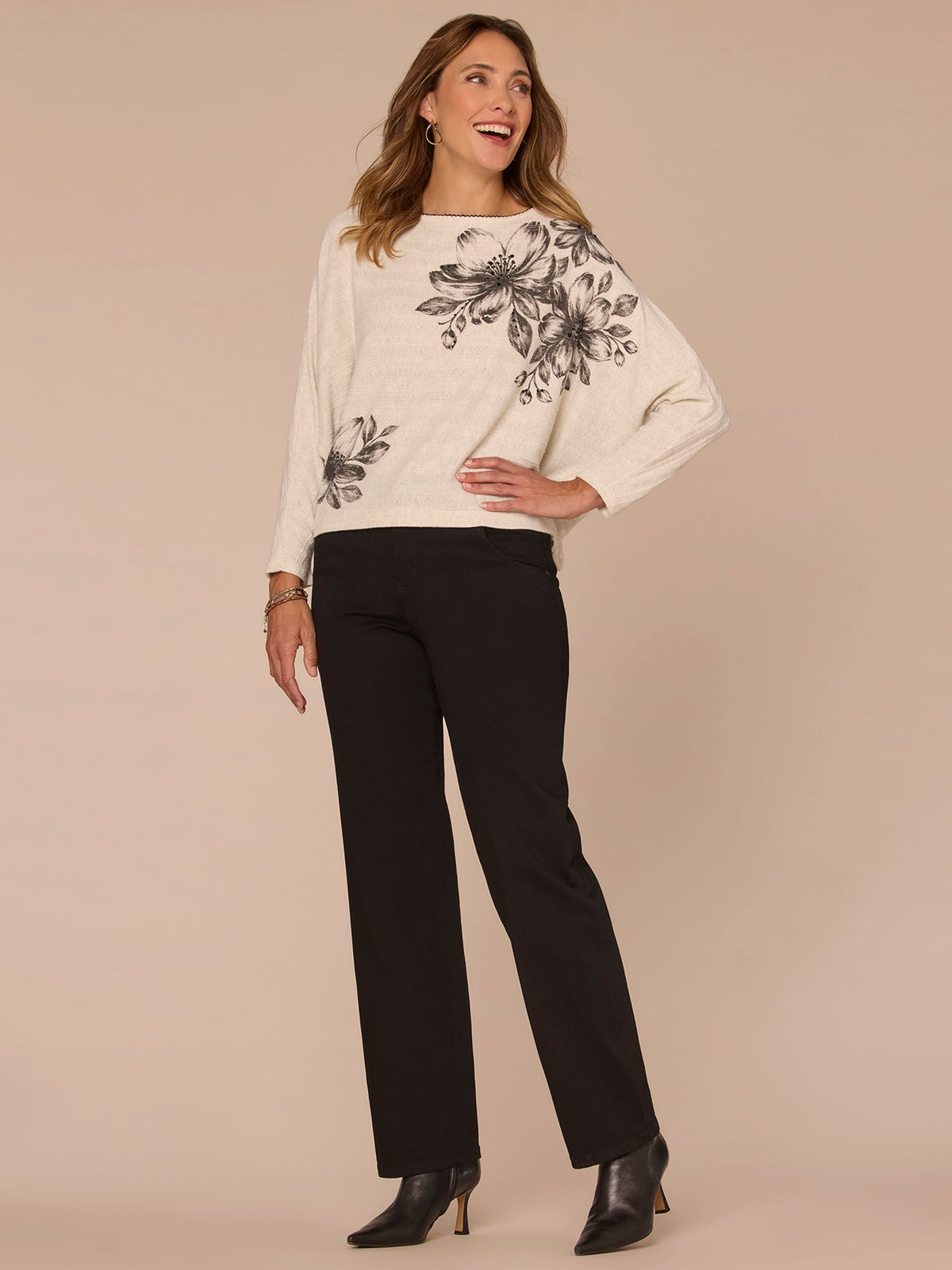 Long Dolman Sleeve Boat Neck Floral Placement Print Petite Knit Top - Heather Cream Black