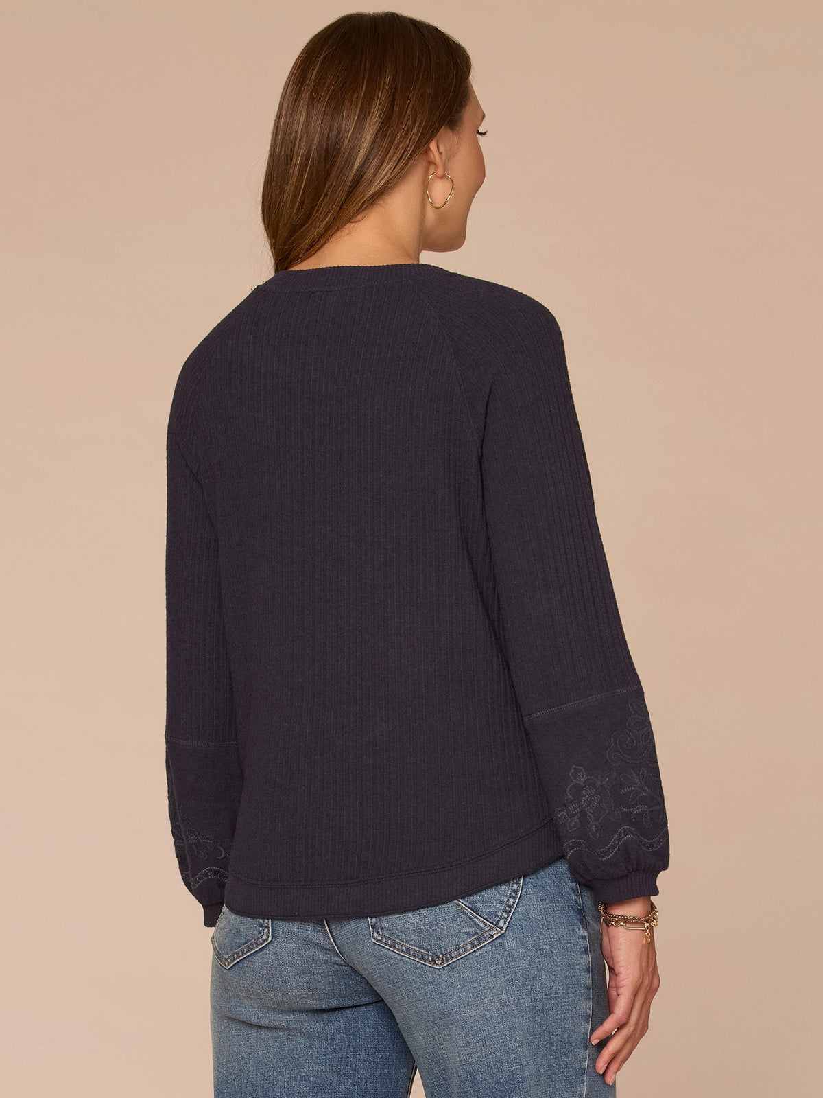 Long Blouson Sleeve Scoop Neck Embroidered Mixed Media Petite Knit Top - Heather Carbon Blue|Heather Grey