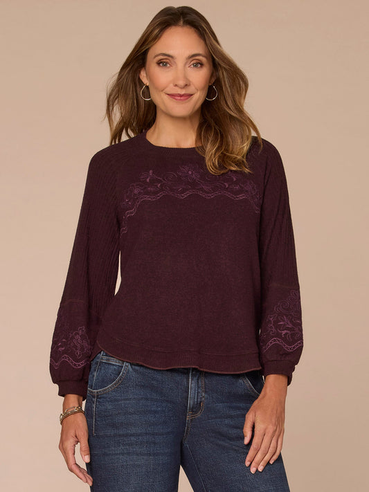 Long Blouson Sleeve Scoop Neck Embroidered Mixed Media Knit Top - Heather Concord Grape|Heather Carbon Blue|Heather Grey