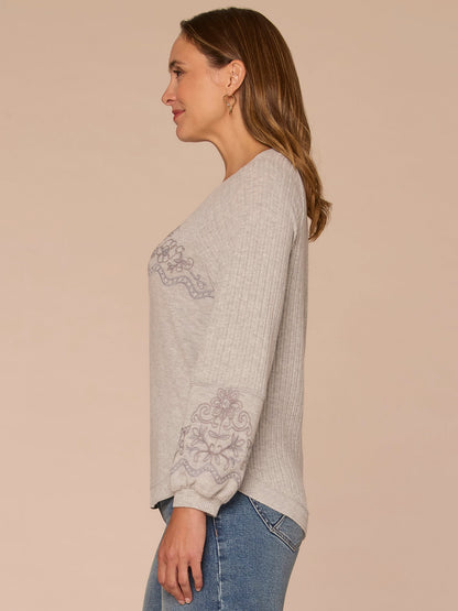 Long Blouson Sleeve Scoop Neck Embroidered Mixed Media Knit Top - Heather Concord Grape|Heather Carbon Blue|Heather Grey