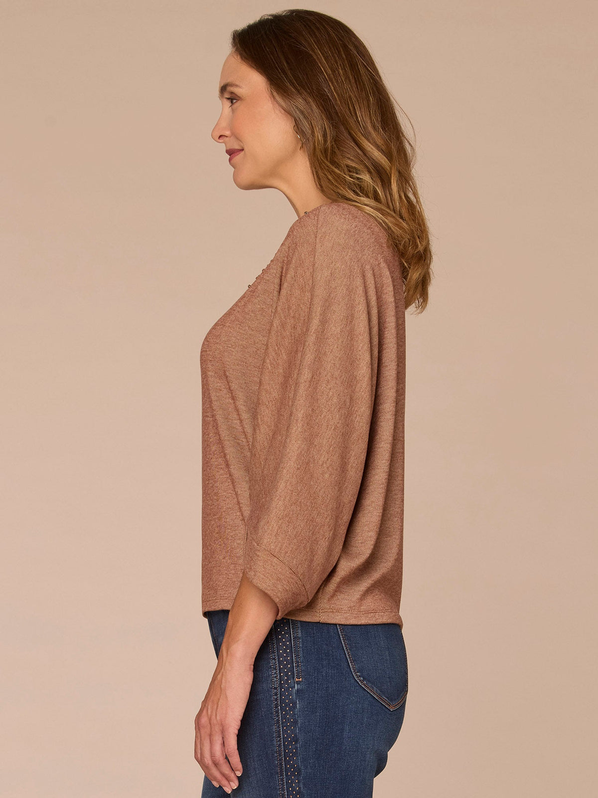 Three Quarter Dolman Origami Sleeve Scoop Neck Rhinestone Knit Top - Heather Chestnut|Heather Evening Blue