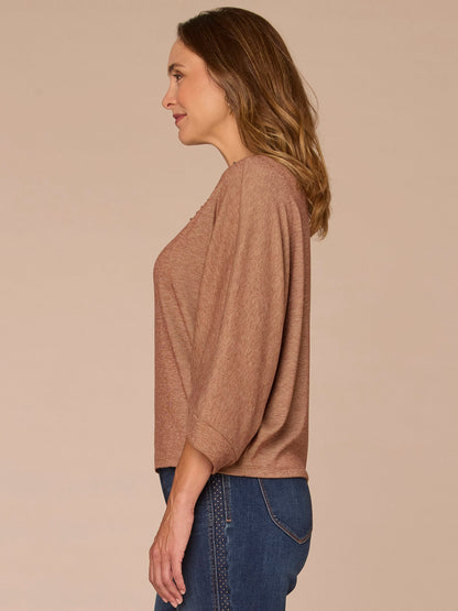 Three Quarter Dolman Origami Sleeve Scoop Neck Rhinestone Knit Top - Heather Chestnut|Heather Evening Blue