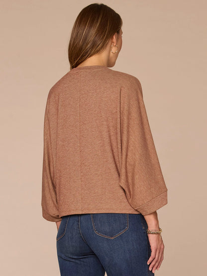 Three Quarter Dolman Origami Sleeve Scoop Neck Rhinestone Knit Top - Heather Chestnut|Heather Evening Blue