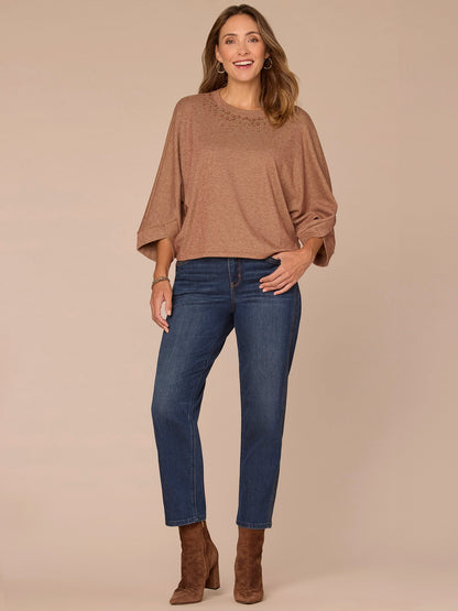Three Quarter Dolman Origami Sleeve Scoop Neck Rhinestone Knit Top - Heather Chestnut|Heather Evening Blue