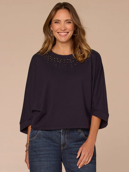 Three Quarter Dolman Sleeve Scoop Neck Rhinestone Petite Knit Top - Heather Evening Blue