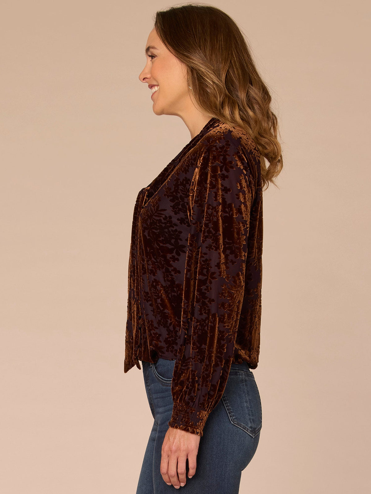 Long Blouson Sleeve Tie Neck Bubble Hem Printed Petite Knit Top - Indigo Brown