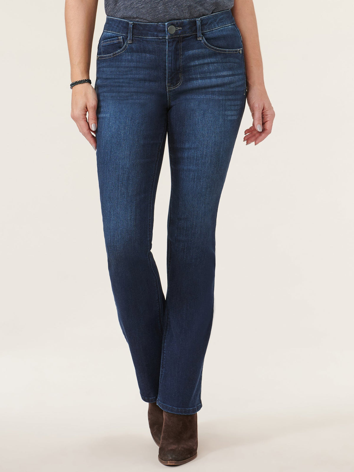 "Ab"solution® High Rise Embroidered Indigo Itty Bitty Boot Jean - Indigo Denim