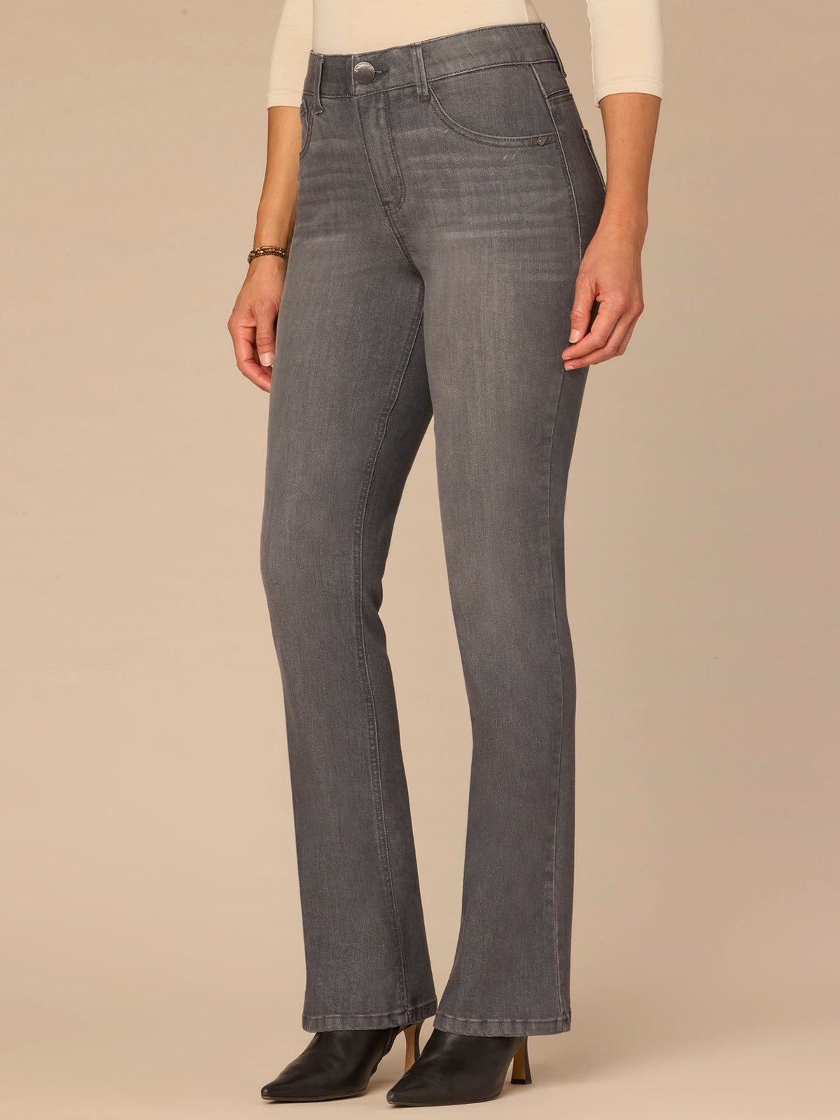 "Ab"solution® High Rise Cascading Embroidered D Itty Bitty Boot Jeans - Grey Denim