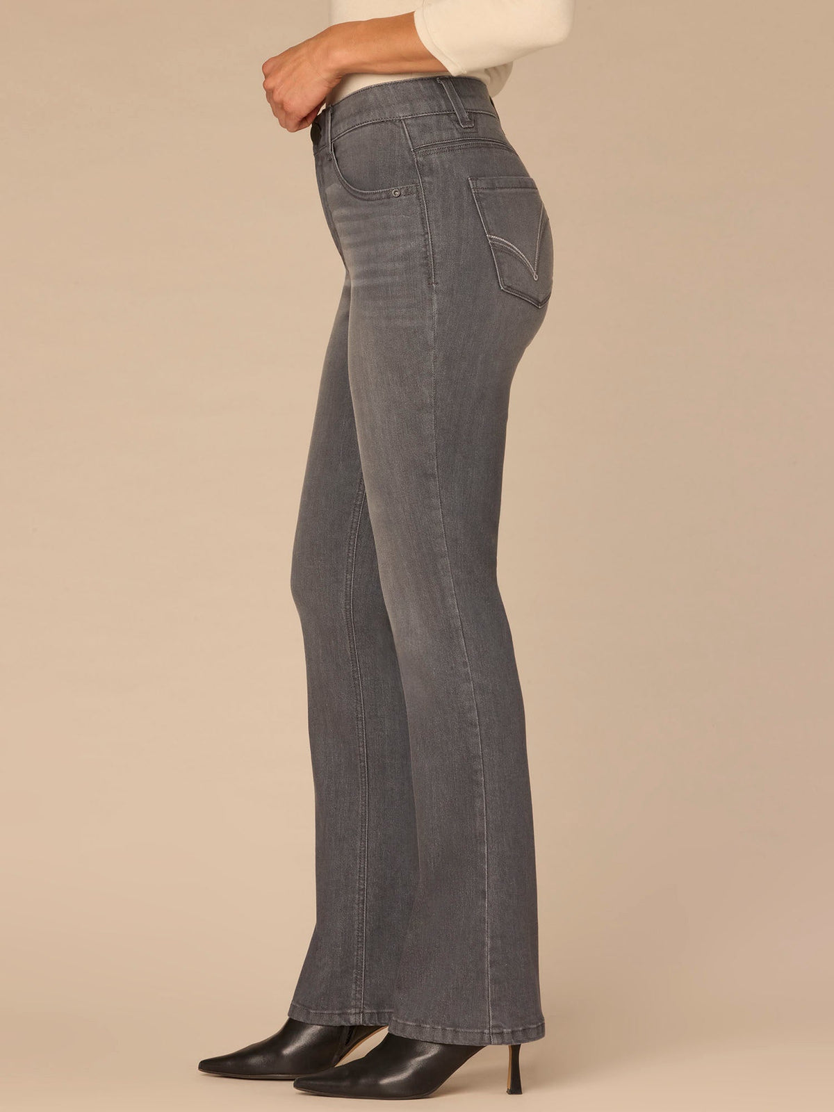 "Ab"solution® High Rise Cascading Embroidered D Itty Bitty Boot Jeans - Grey Denim
