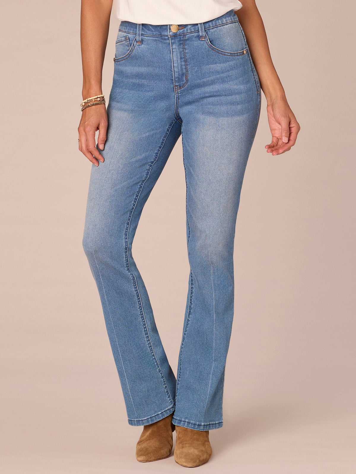 "Ab"solution High Rise Embroidered Cascading D Itty Bitty Boot Jeans - Mid Blue Denim