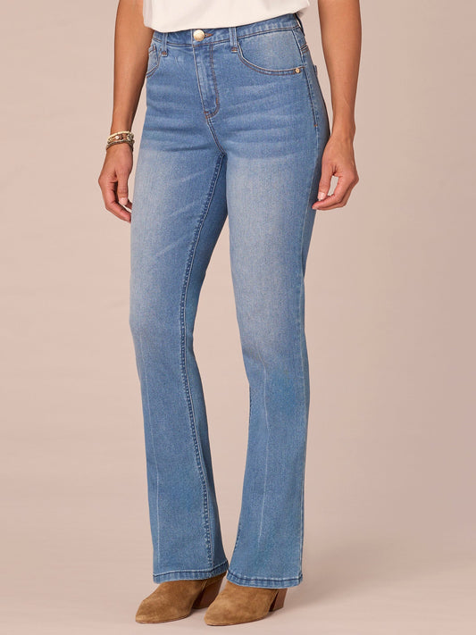 "Ab"solution High Rise Cascading D Pocket Itty Bitty Boot Petite Jeans - Mid Blue Denim