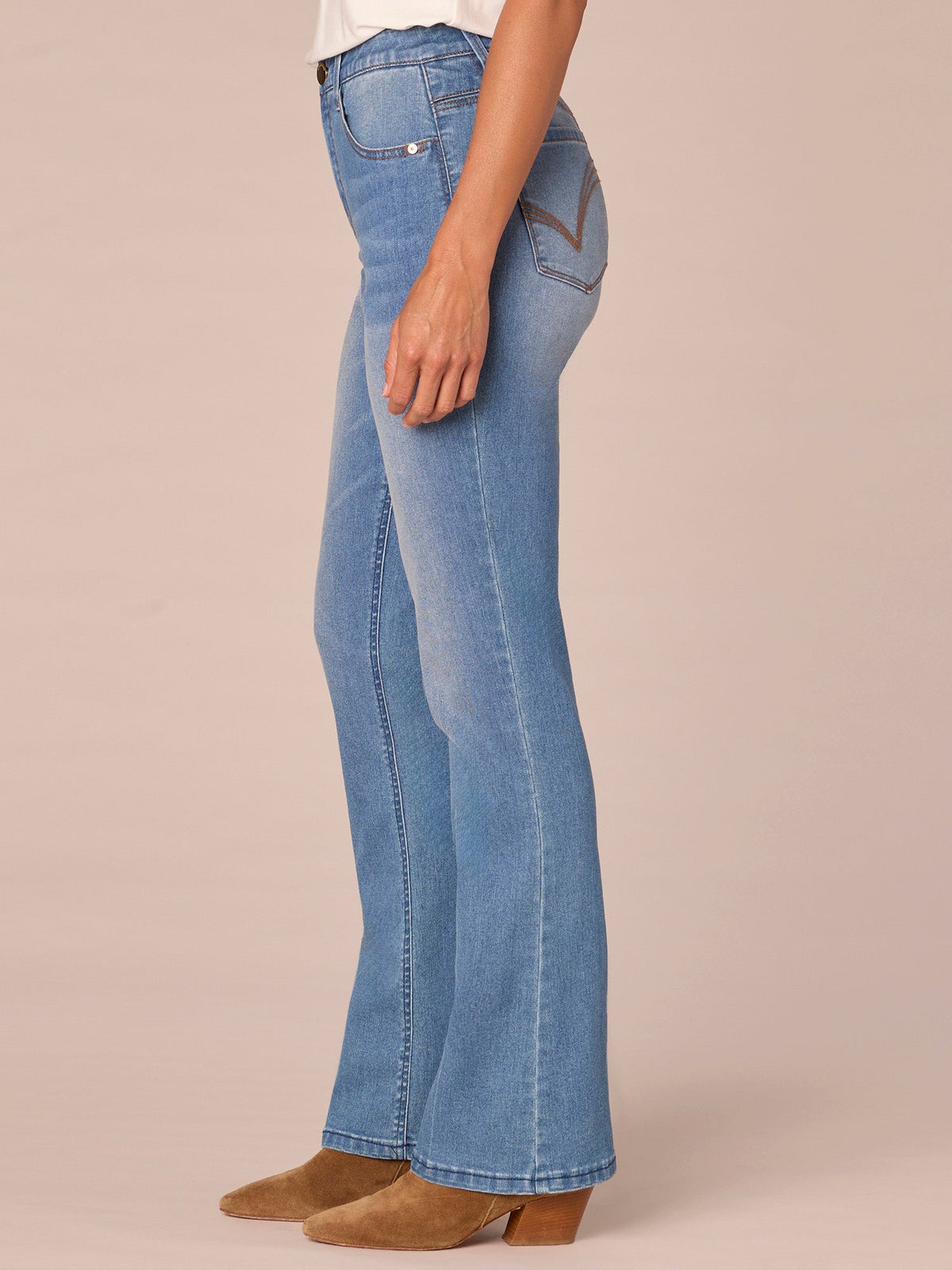"Ab"solution High Rise Cascading D Pocket Itty Bitty Boot Petite Jeans - Mid Blue Denim