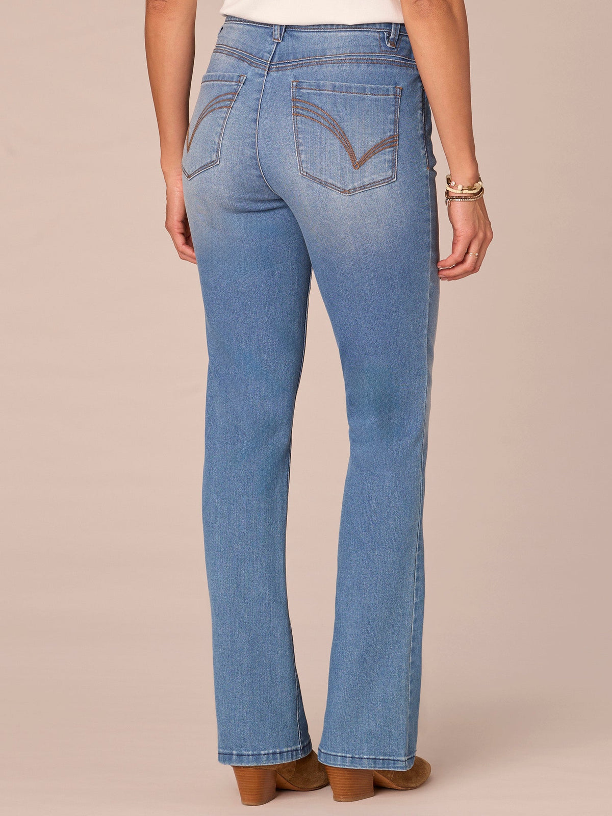 "Ab"solution High Rise Embroidered Cascading D Itty Bitty Boot Jeans - Mid Blue Denim