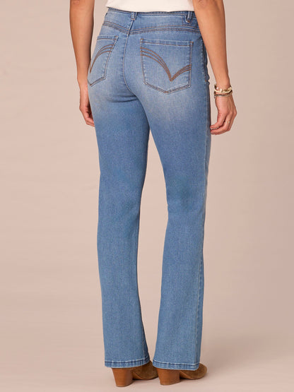 "Ab"solution High Rise Cascading D Pocket Itty Bitty Boot Petite Jeans - Mid Blue Denim