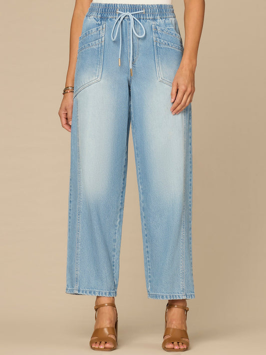 "Ab"leisure Skyrise Drawstring Waist Double Pocket Barely Barrel Jeans - Light Blue Denim