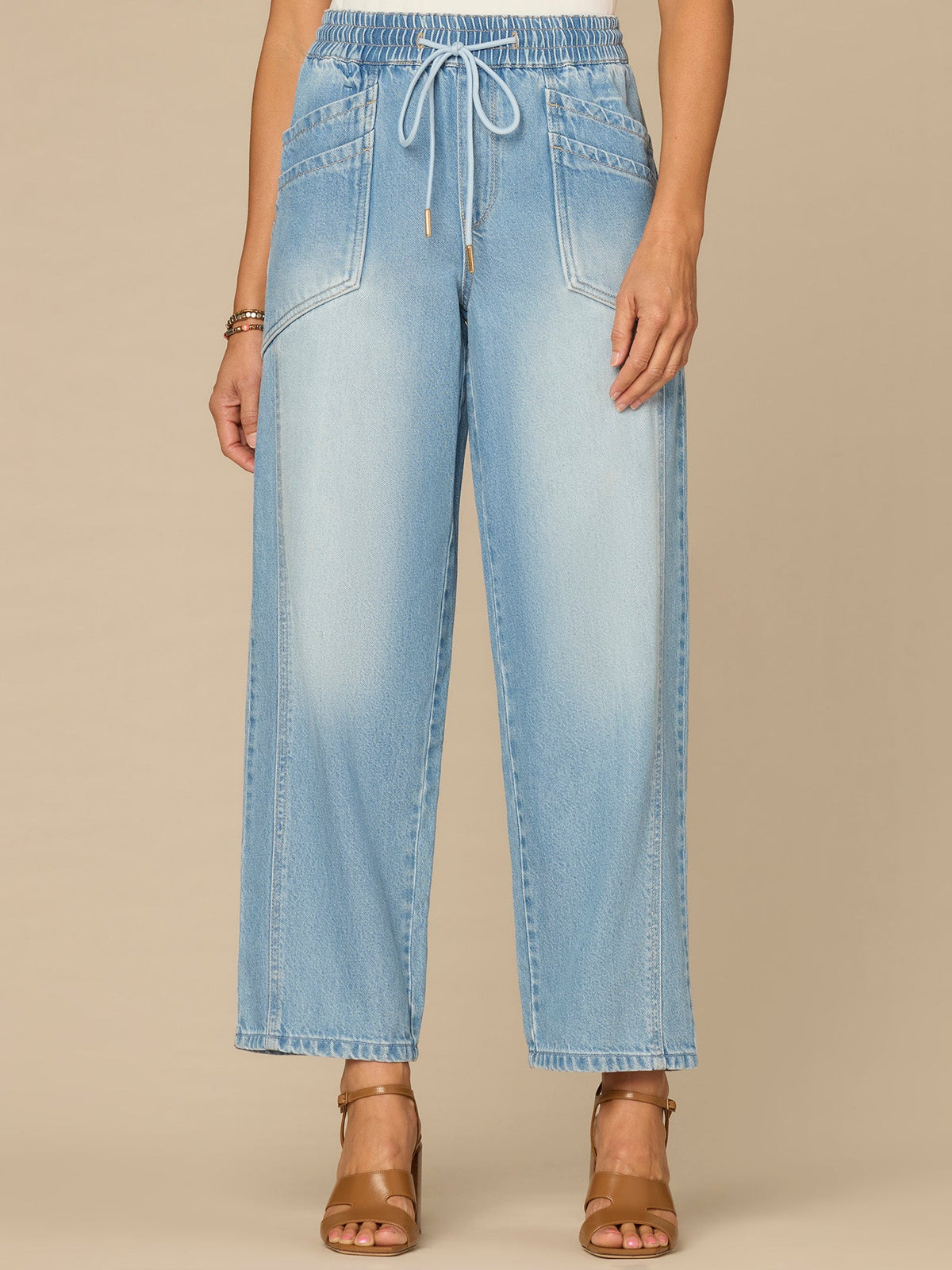 "Ab"leisure Skyrise Drawstring Double Pocket Petite Barely Barrel Jean - Light Blue Denim