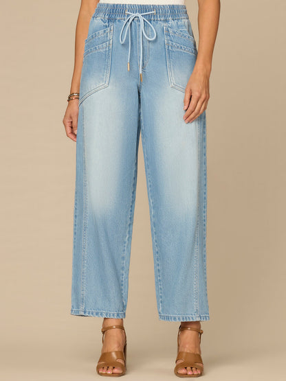 "Ab"leisure Skyrise Drawstring Double Pocket Petite Barely Barrel Jean - Light Blue Denim