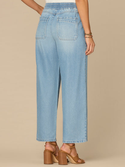 "Ab"leisure Skyrise Drawstring Double Pocket Petite Barely Barrel Jean - Light Blue Denim