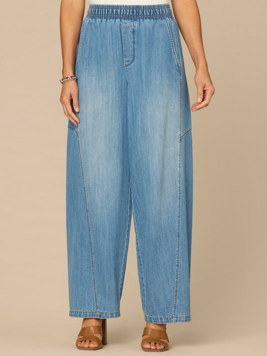 "Ab"leisure Skyrise Relaxed Straight Leg Glider Jeans with Snap Hem - Light Blue Denim