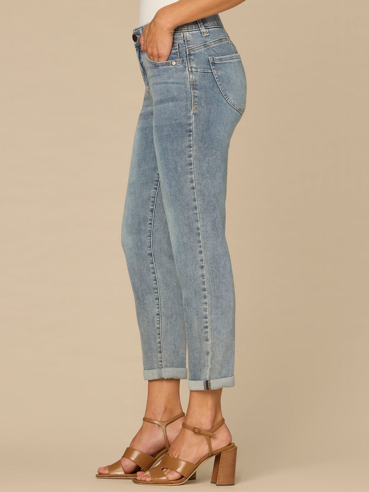 “Ab”solution® Mid-Rise Roll Cuff Light Blue Ankle Skimmer Jeans - Light Blue Denim
