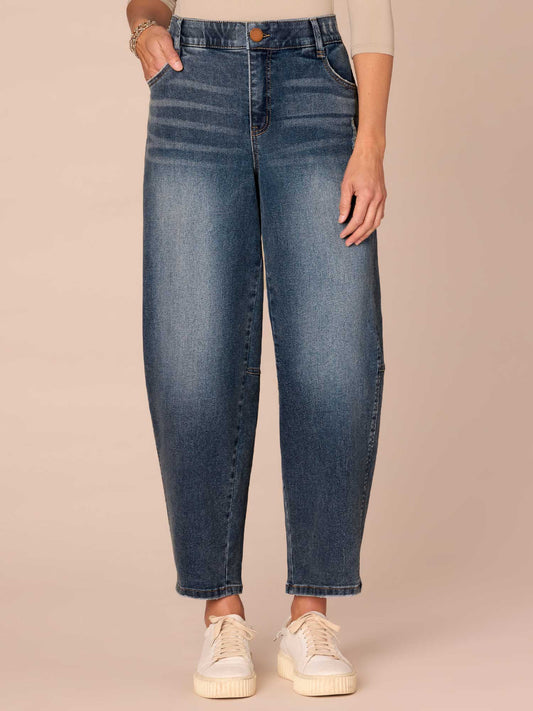 "Ab"solution® Skyrise Uneven Yoke Petite Relaxed Barrel Leg Jeans - Mid Blue Artisanal Denim