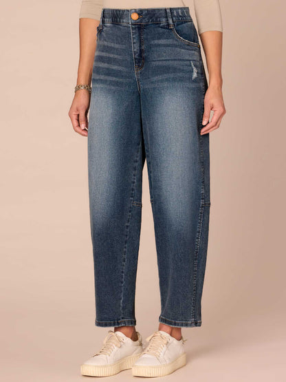 "Ab"solution® Skyrise Relaxed Barrel Leg Jeans with Uneven Yoke - Mid Blue Artisanal Denim