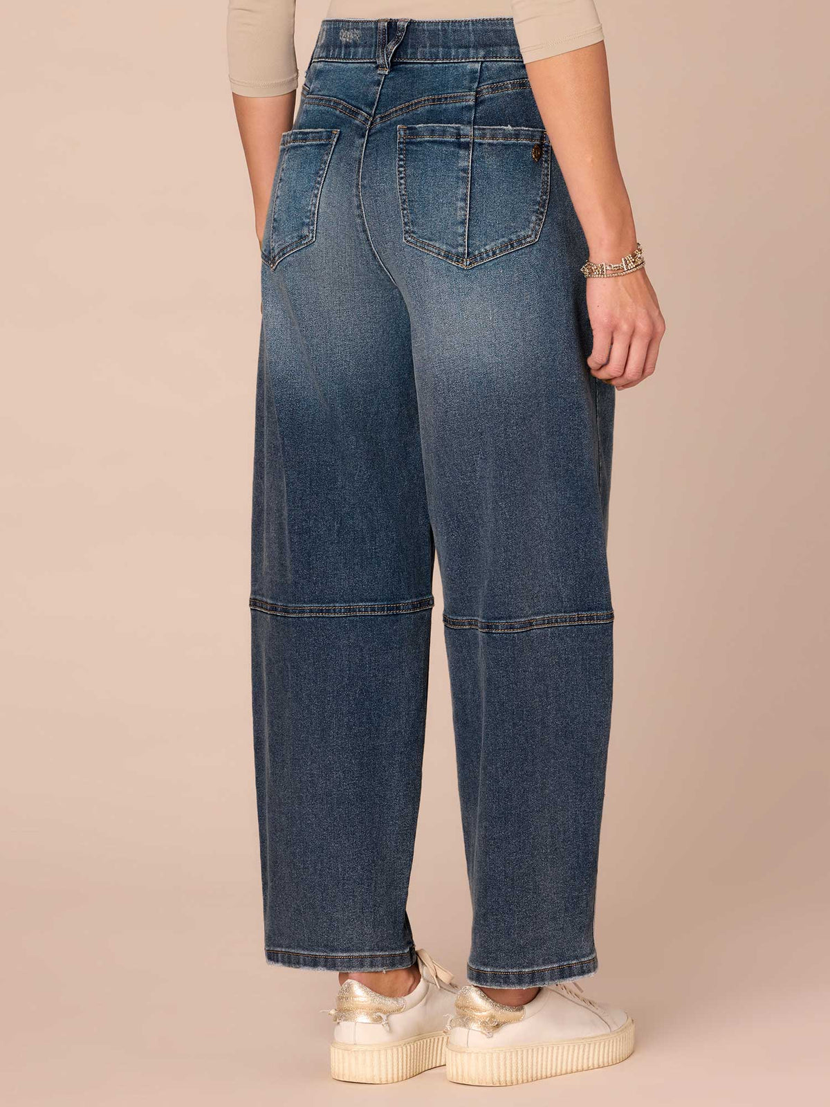 "Ab"solution® Skyrise Relaxed Barrel Leg Jeans with Uneven Yoke - Mid Blue Artisanal Denim
